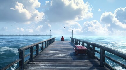 Fototapeta premium Solitary figure on pier overlooking ocean under a bright sky