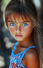 Fototapeta premium A young girl with striking blue eyes and long brown hair gazes directly at the viewer. She wears a colorful blue swimsuit and stands in a sunny outdoor setting