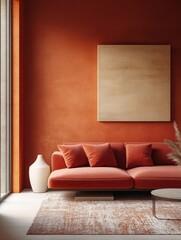 Coral or terracotta living room accent sectional sofa. The walls are dark beige. great art gallery location. Colorful house interior mockup. Generative AI