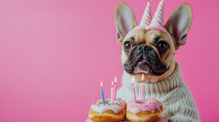 Glad delighted woma celebrates birthday of favorite pet poses with dog and delicious doughnuts with candles wears knitted sweater isolated over pink background blank space for your promotional text