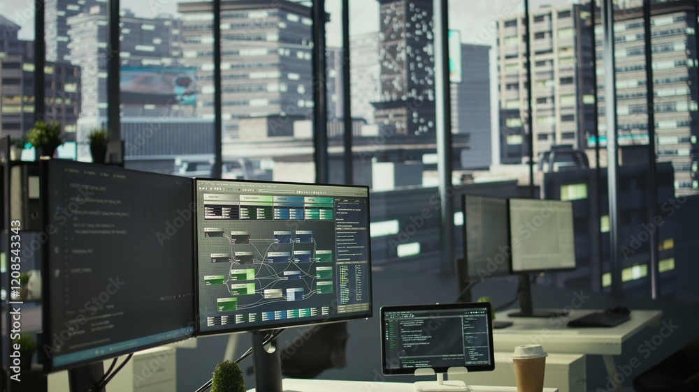 Poster empty it department office used for building ai neural networks software technology. panning shot of