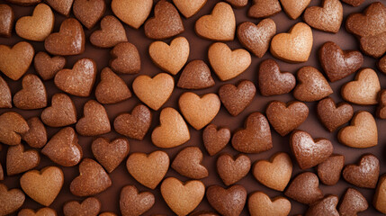 Many heart-shaped cookies creating a romantic pattern on a brown surface, perfect for Valentine's Day celebrations