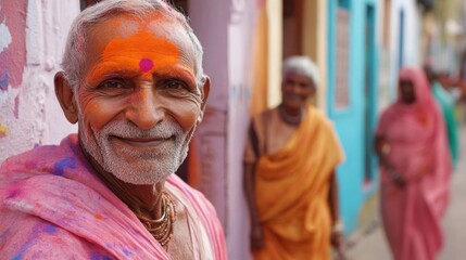 Fototapeta premium Smiling Elderly Man Covered in Colorful Powder at Indian Festival