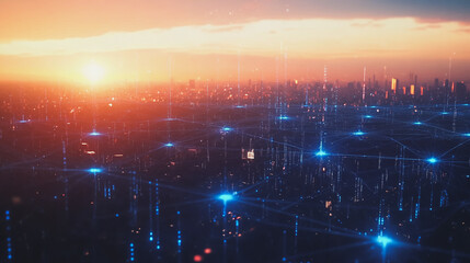 Fototapeta premium Smart digital Innovation city with connection network reciprocity over the cityscape. of future smart wireless digital city and social media networking systems that connects people with in city