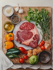 The bright colors of this watercolor depict the nutrient-rich focus of the keto diet, which includes steak, vegetables, and olive oil.