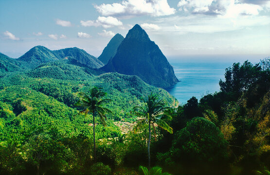 Saint Lucia. The Pitons volcanic twin peaks above town of Soufriere on the West Indies Caribbean island of St. Lucia