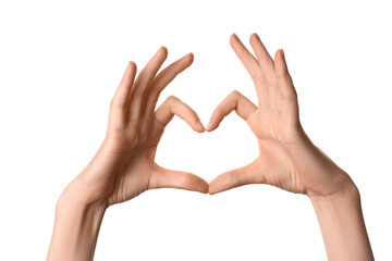 Female hands showing heart gesture on white background