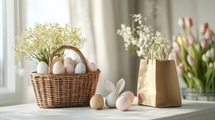Beautiful easter basket with eggs and gift bag on a bright spring day
