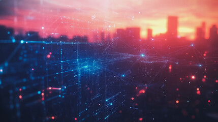 Fototapeta premium Smart digital Innovation city with connection network reciprocity over the cityscape. of future smart wireless digital city and social media networking systems that connects people with in city