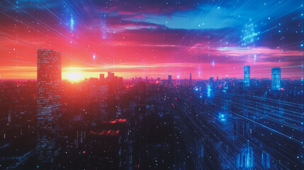 Obraz premium Smart digital Innovation city with connection network reciprocity over the cityscape. of future smart wireless digital city and social media networking systems that connects people with in city