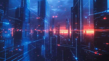 Fototapeta premium Smart digital Innovation city with connection network reciprocity over the cityscape. of future smart wireless digital city and social media networking systems that connects people with in city