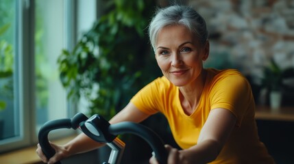 Obraz premium Senior woman enjoying a fitness routine at home on an exercise bike while smiling in a well-lit indoor space