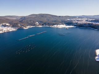 Aerial winter view of Dospat Reservoir, Bulgaria