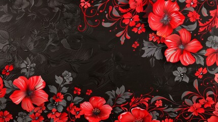  Red and black Khokhloma floral pattern with ornate traditional Russian design on a dark background.