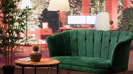 Empty professional psychotherapy office with a modern couch and furniture, creating a cozy safe...