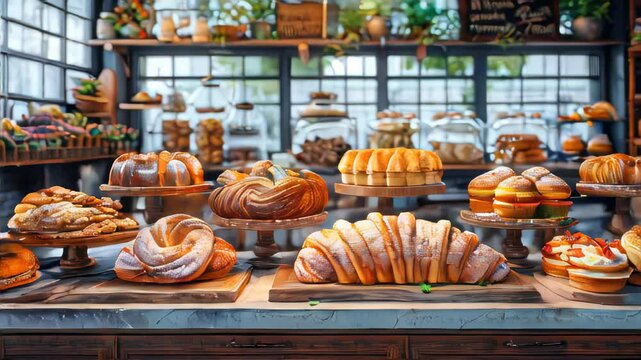 Bakery showcase with delicious fresh pastries, buns, bread, long loaf and cakes. Perarni or coffee shop counter with appetizing goods laid out