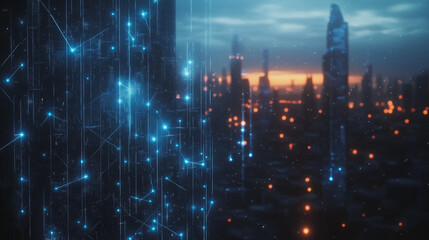 Naklejka premium Smart digital Innovation city with connection network reciprocity over the cityscape. of future smart wireless digital city and social media networking systems that connects people with in city