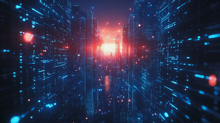 Obraz premium Smart digital Innovation city with connection network reciprocity over the cityscape. of future smart wireless digital city and social media networking systems that connects people with in city