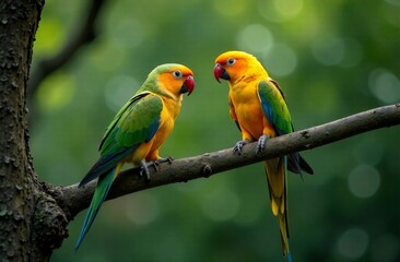 Obraz premium two bright exotic yellow parrots sitting on a branch on a green background