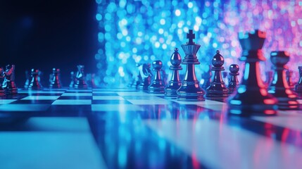 Abstract image with chessboard and growing global digital forex chart on blue background. Strategy, politics and finance concept. 3D Rendering