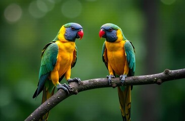 Obraz premium two bright exotic yellow parrots sitting on a branch on a green background
