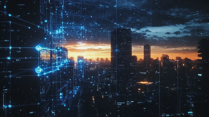 Fototapeta premium Smart digital Innovation city with connection network reciprocity over the cityscape. of future smart wireless digital city and social media networking systems that connects people with in city