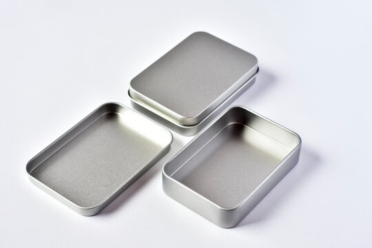Small silver tin box isolated on white background