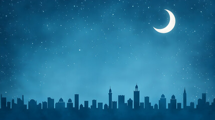 Naklejka premium Crescent moon shining over city skyline during ramadan nights. Web design, social media, invitations, copy space, greeting cards