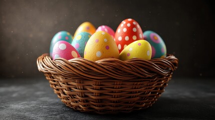 Fototapeta premium Colorful easter basket with decorated eggs on transparent background