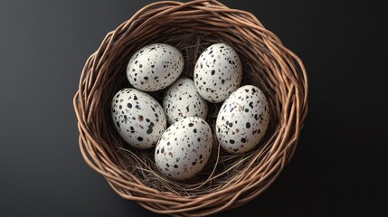 Easter eggs in woven basket isolated on dark background &ndash; perfect for holiday themes
