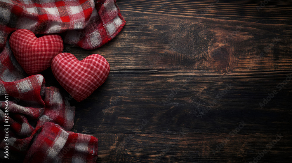 Poster valentine's day background with checkered hearts and tablecloth on rustic wooden planks with copy sp