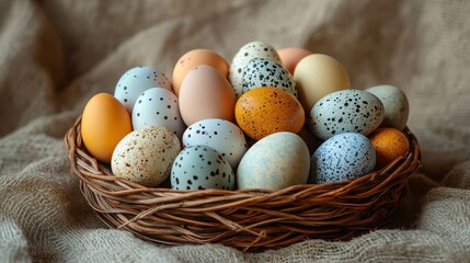 Fototapeta premium Elegant easter table centerpiece with colorful painted eggs for festive decor