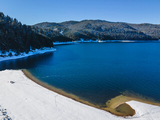 Aerial winter view of Dospat Reservoir, Bulgaria