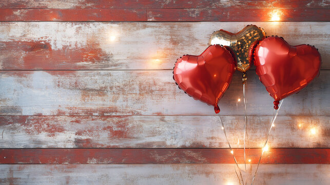 Hanging red and gold heart-shaped balloons with string lights against weathered wooden surface, evoking romantic Valentine's Day ambiance