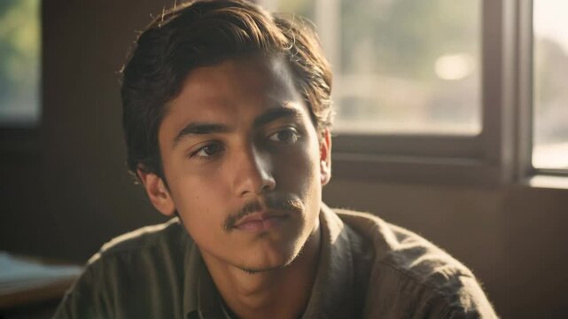 South Asian Young Male Student in Striped Sweater, Sitting Thoughtfully in a Sunlit Classroom with Large Windows