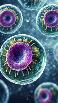 Colorful microscopic view of cells showcasing intricate details and structures of living organisms in a dynamic environment