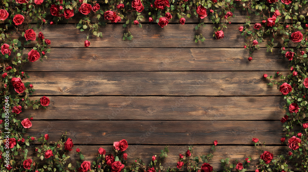 Poster beautiful red roses creating a frame on a rustic wooden background, perfect for valentine's day proj