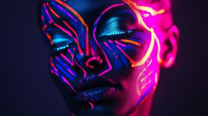 Close-up Portrait of Woman with Neon Body Paint, Abstract Designs and Vivid Colors