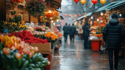 Vibrant outdoor market with colorful flowers and hanging lanterns sets the festive mood for lunar new year shoppers