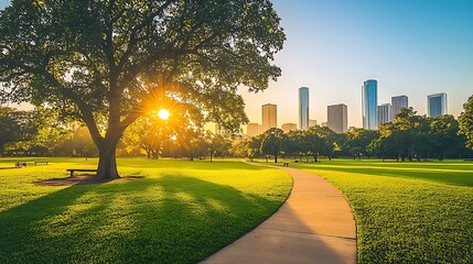Urban park sunset path city skyline nature