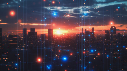 Obraz premium Smart digital Innovation city with connection network reciprocity over the cityscape. of future smart wireless digital city and social media networking systems that connects people with in city