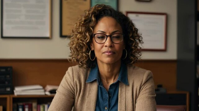 Black Female Teacher in Beige Cardigan and Blue Shirt, Sitting in Office with Certificates and Bookshelves in Background