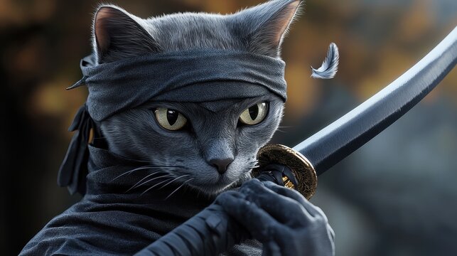 Ninja cat with sword in stealth mode, wearing black bandana, focused eyes, autumn background