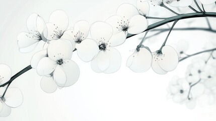Delicate white cherry blossoms on branch with soft background