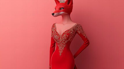 Stunning red gown with an artistic fox mask showcases fashion creativity in a vibrant setting