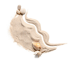 Composition with seashells, pebbles and sand on white background