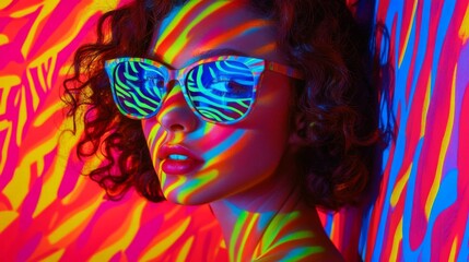 Obraz premium Vibrant portrait of a woman with colorful lighting and sunglasses
