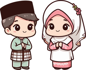 Cute muslim boy and girl. Happy Ramadan, Happy Fasting Day. Selamat Hari Raya Aidilfitri greeting card cartoon character.