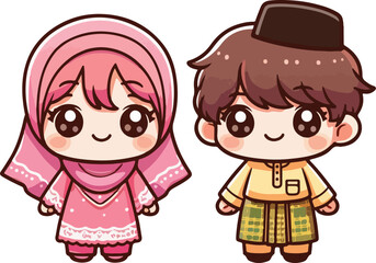 Cute muslim boy and girl. Happy Ramadan, Happy Fasting Day. Selamat Hari Raya Aidilfitri greeting card cartoon character.