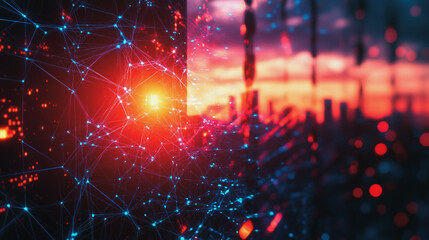 Fototapeta premium Smart digital Innovation city with connection network reciprocity over the cityscape. of future smart wireless digital city and social media networking systems that connects people with in city